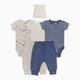 Small Story Organic Cotton Bodysuit, Pant & Hat Set (6 Piece) - Construction, Stripe, Check, 0-3 M